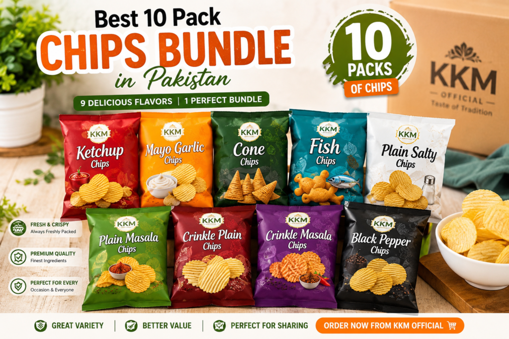 Best 10 Pack Chips Bundle in Pakistan featuring Ketchup, Mayo Garlic, Fish, Black
