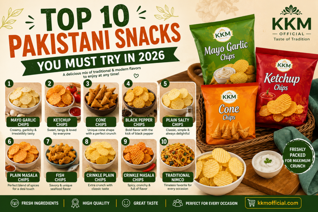 Top 10 Pakistani snacks featuring crispy chips and traditional favorites.