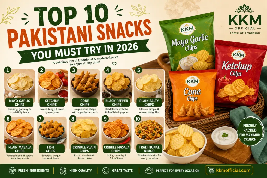Top 10 Pakistani snacks featuring crispy chips and traditional favorites.