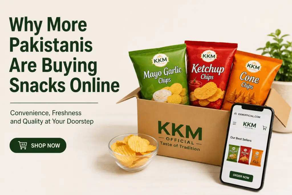 Pakistani customers buying fresh snacks online from KKM Official featuring premium flavored potato chips
